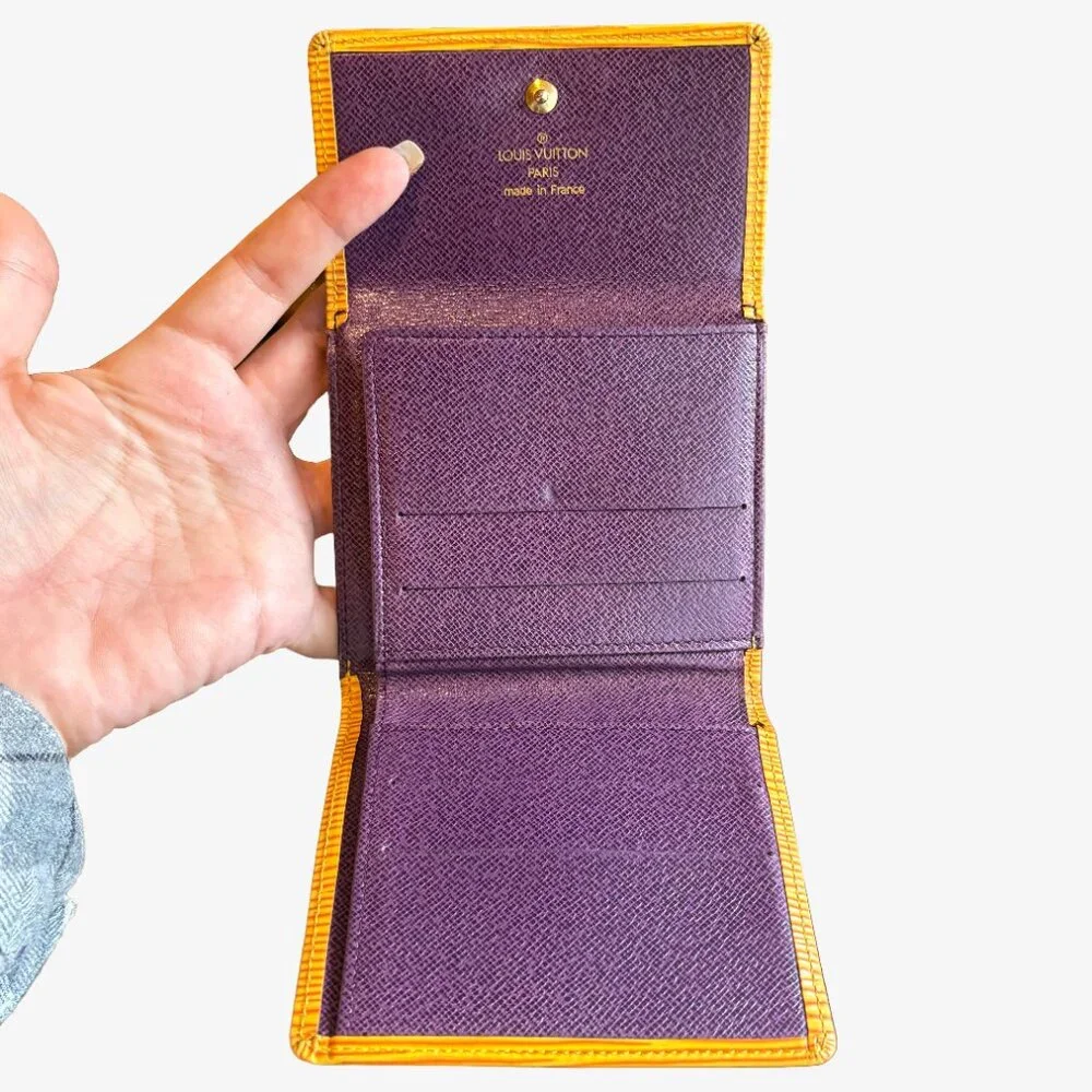 '93 Vintage LV Elise Compact Trifold Wallet in Yellow Epi + Purple Taiga Leather